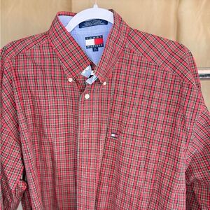 Tommy Hilfiger Men's Red and Green Checkered Shirt